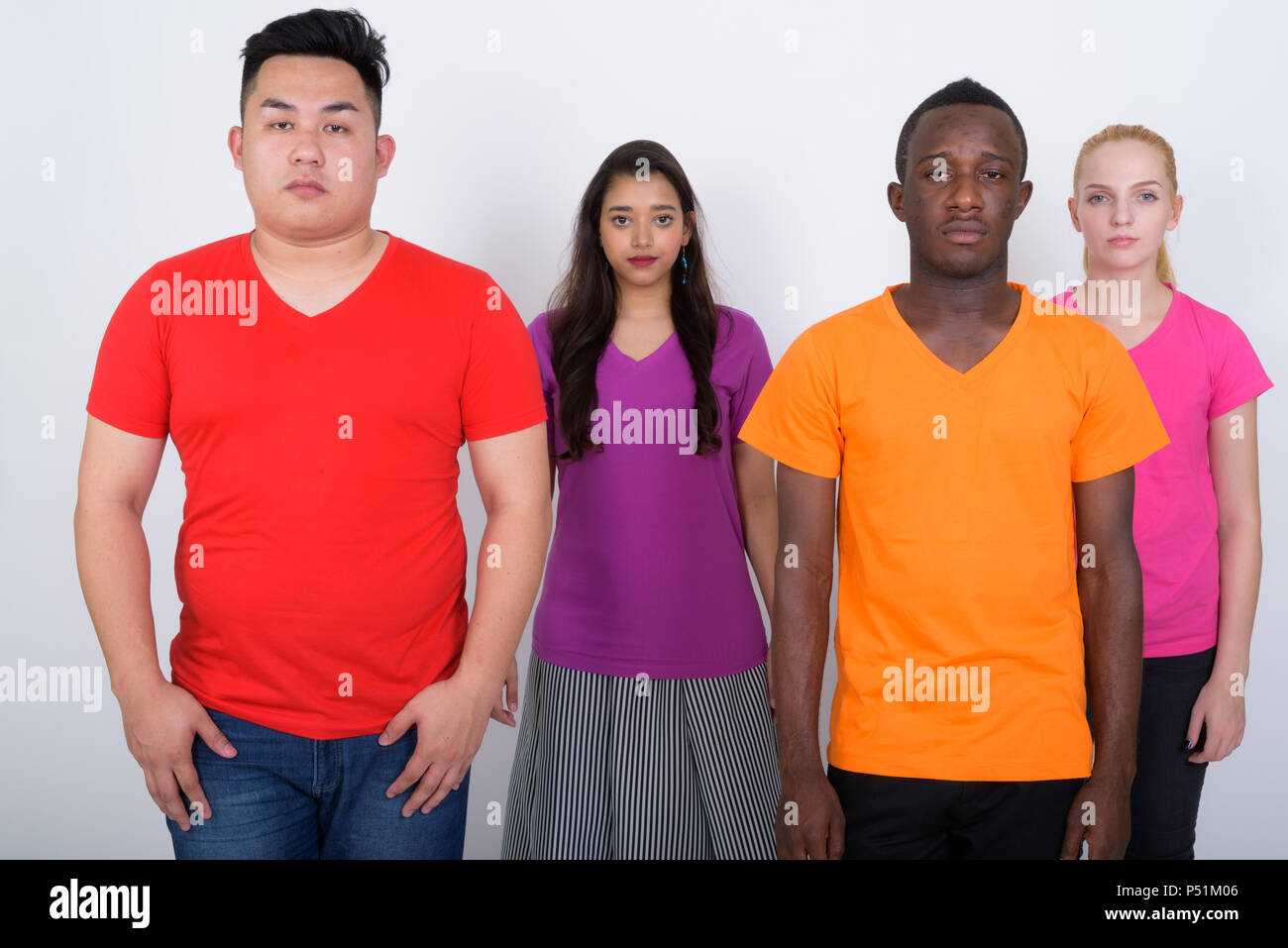 Diverse group of multi ethnic friends against white background Stock