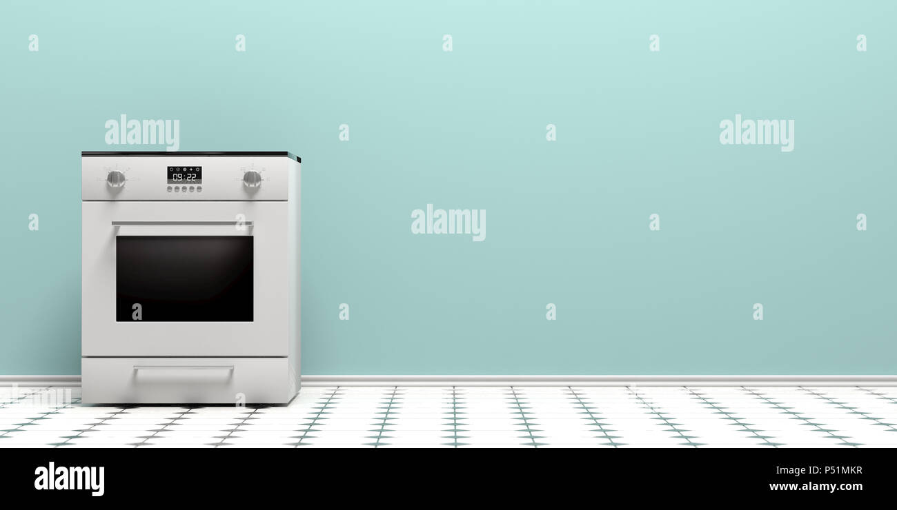 Kitchen oven. Electric stove on tiled floor, blue wall background, copy space. 3d illustration Stock Photo
