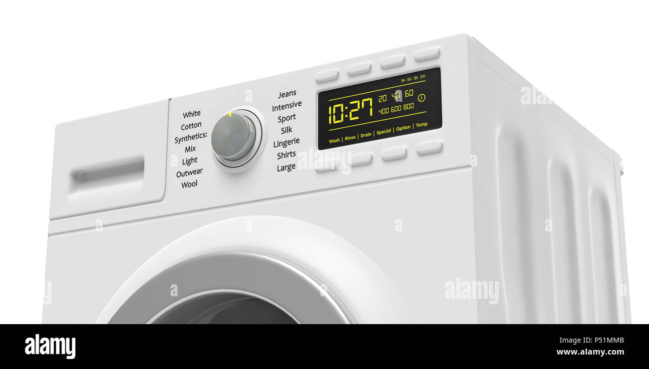 Clothes laundry. Washing machine closeup on white background. 3d illustration Stock Photo