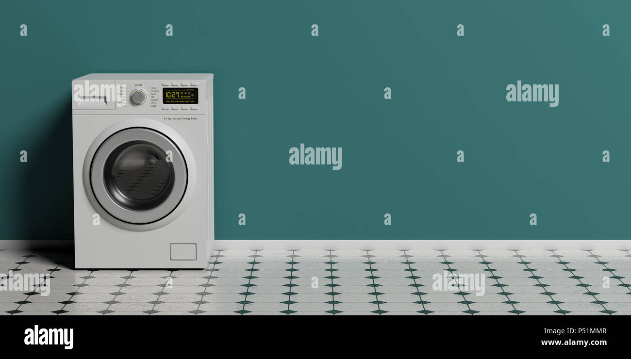 Clothes laundry. Washing, dryer machine on tiled floor, green wall background, copy space. 3d illustration Stock Photo