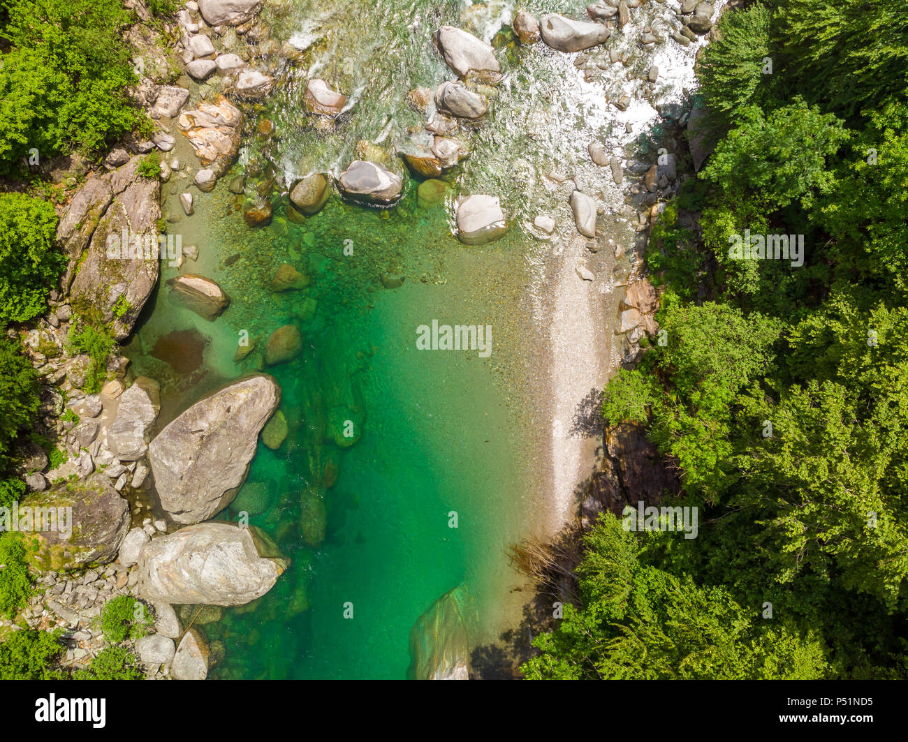 Vercasca Valle Verzasca - Aerial View of clear and turquoise water stream and ...