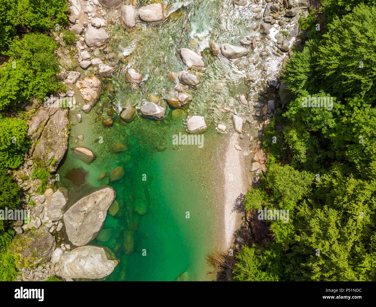 Valle Verzasca Aerial View of clear and turquoise water stream and