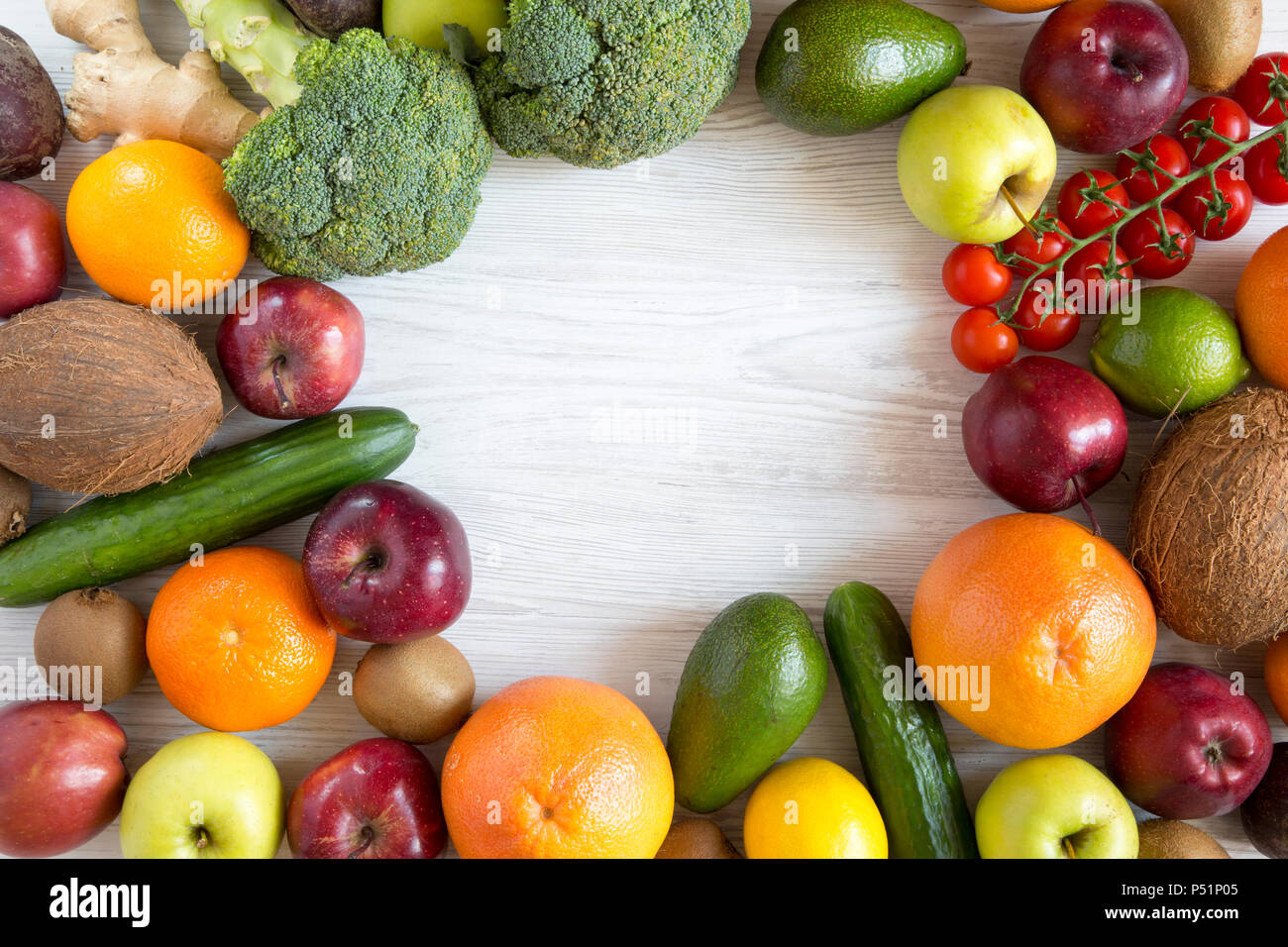 Set of various fresh organic fruits and vegetables with copy space. Top ...