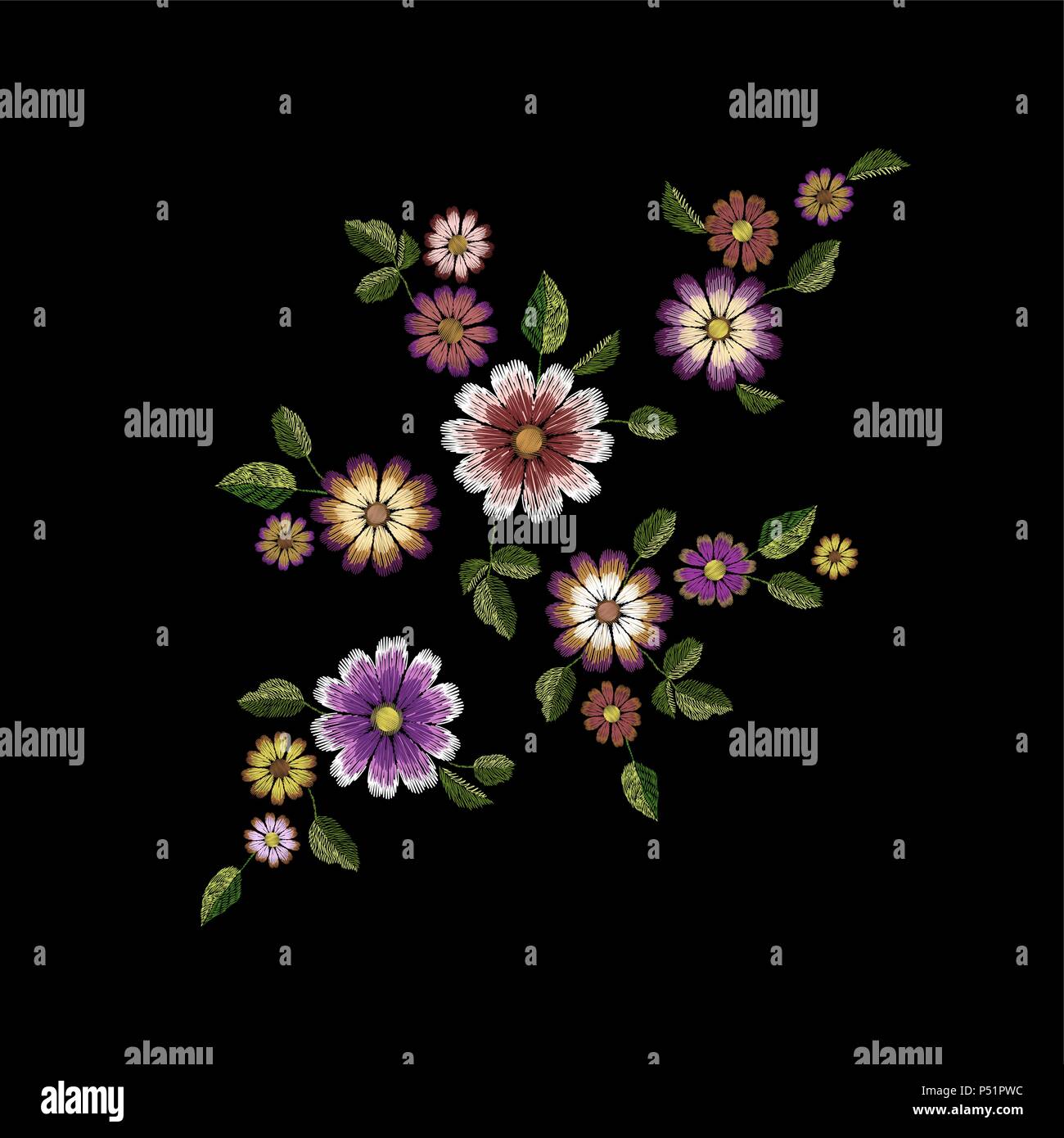Embroidery summer flower fashion patch. Realistic texture design template. Floral ornate daisy gerbera clothing print decoration vector illustration Stock Vector