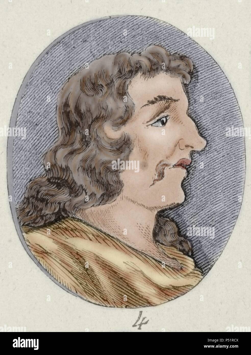 Sancho II (1036/1038Ð1072), the Strong (el Fuerte). King of Castile (1065Ð1072) and Leo_n (1072). Colored engraving. Stock Photo