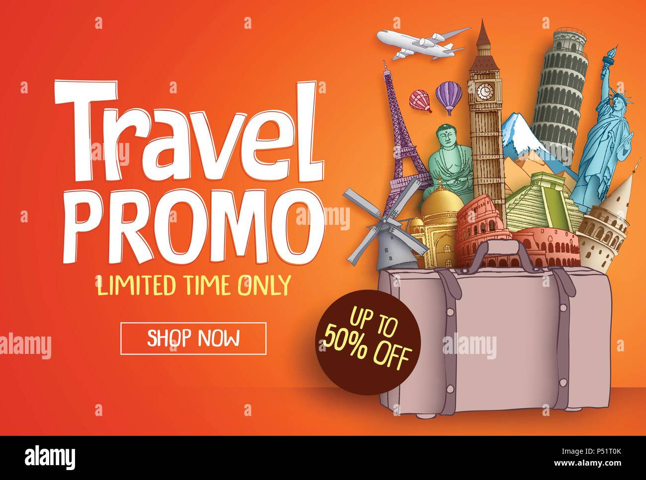 Travel promo vector banner template with world's famous tourist landmarks, baggage elements and