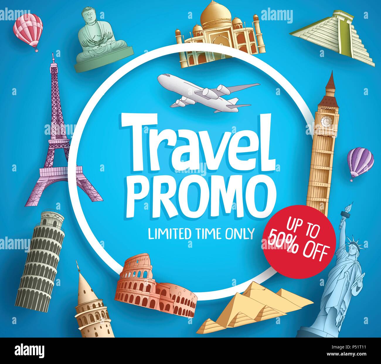 Travel promo vector banner promotion design with tourist destinations elements and discount text in blue background for travel agency template. Vector Stock Vector