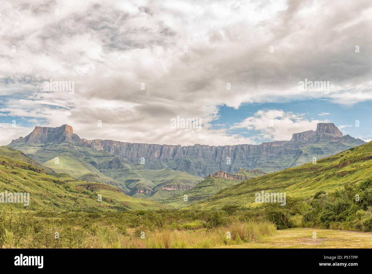 A view of the Amphitheatre in the Kwazulu-Natal Drakensberg of South ...