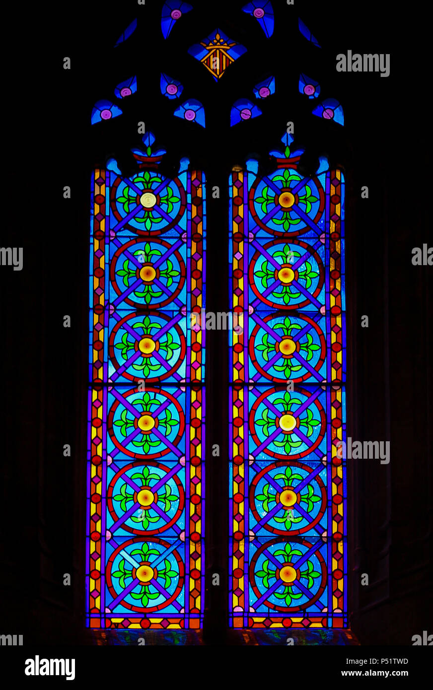 Stained Glass in the 13th Century Church of San Nicolas or Saint Nicholas in Valencia Stock Photo