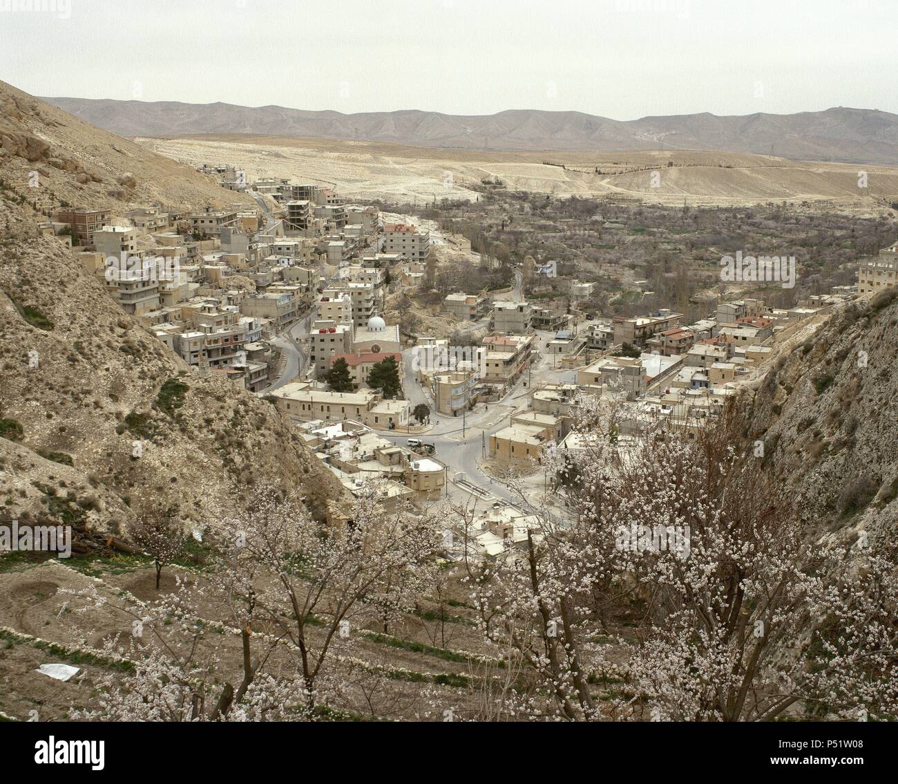 Syria. Ma«loula. Town built into the rugged mountainside. Village where Western Aramaic is still spoken. Near East. Photo before Syrian Civil War. Stock Photo