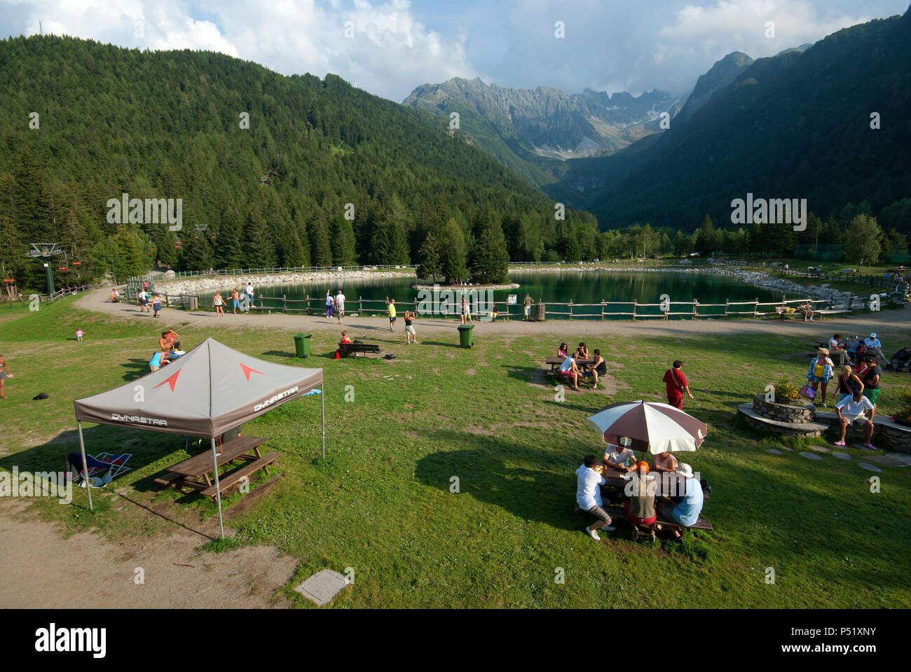 Picnic area near Lake of Valbione, Adamello Regional Park, Ponte di Legno, Lombardy, Italy Stock Photo