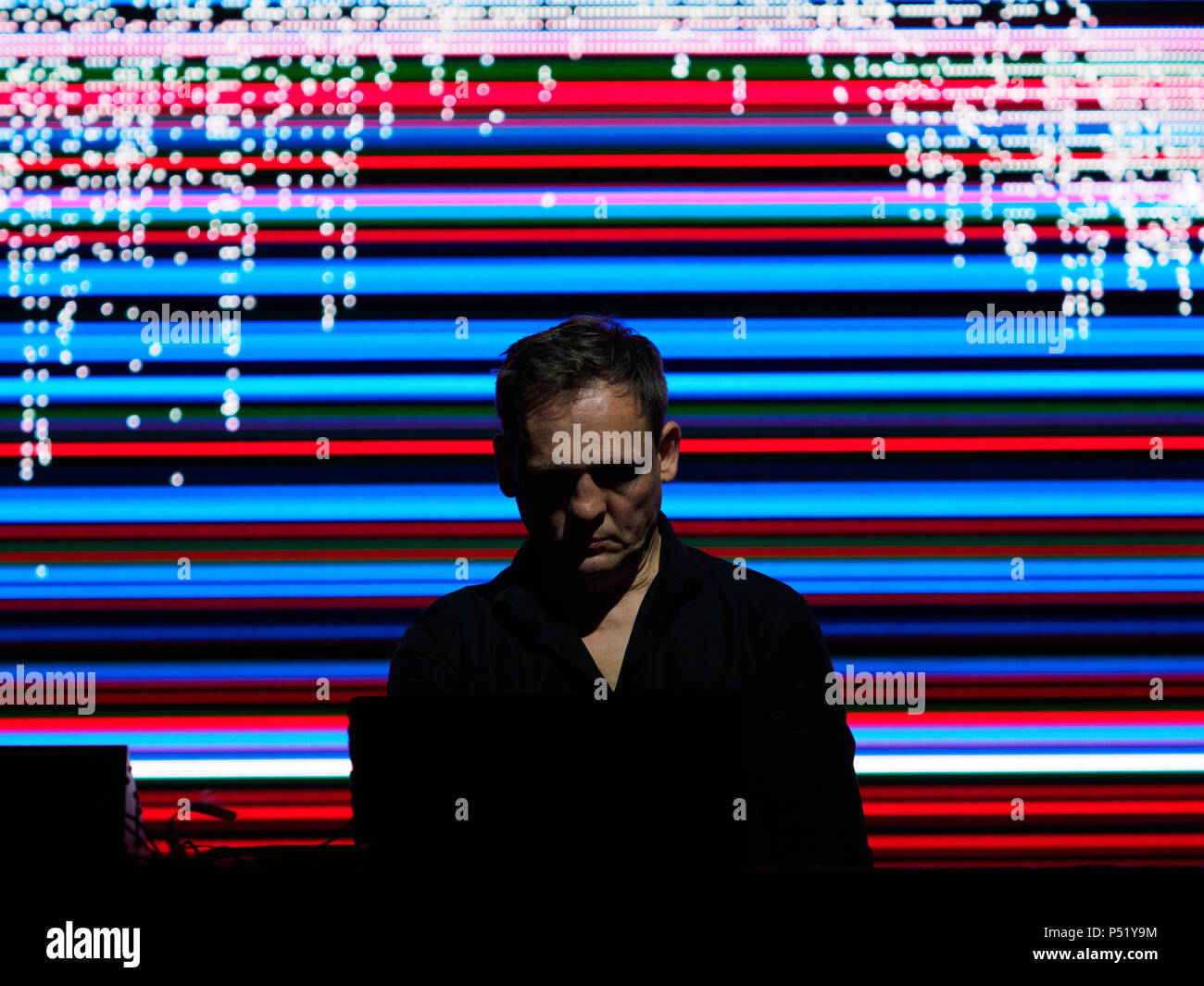 Alva Noto show during Sónar by Day, SonarHall stage, with colorful