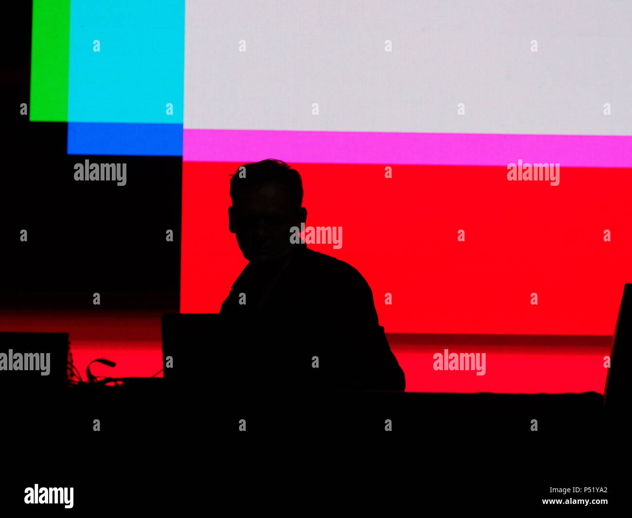 Alva Noto show during Sónar by Day, SonarHall stage, with colorful