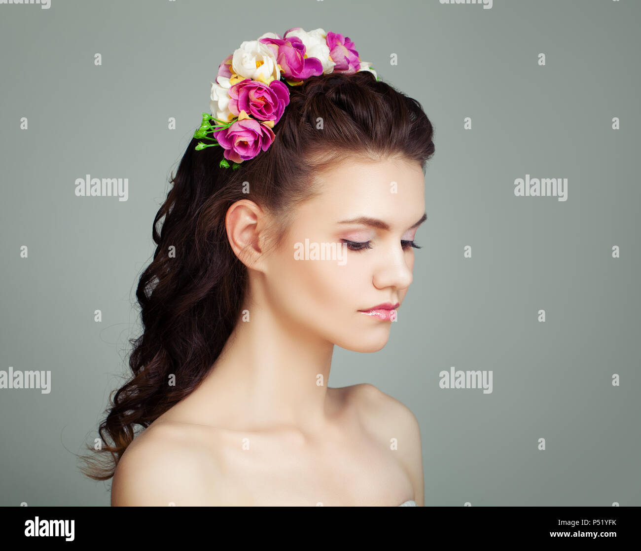 Beautiful Young Woman with Flowers in Hair Stock Photo Alamy