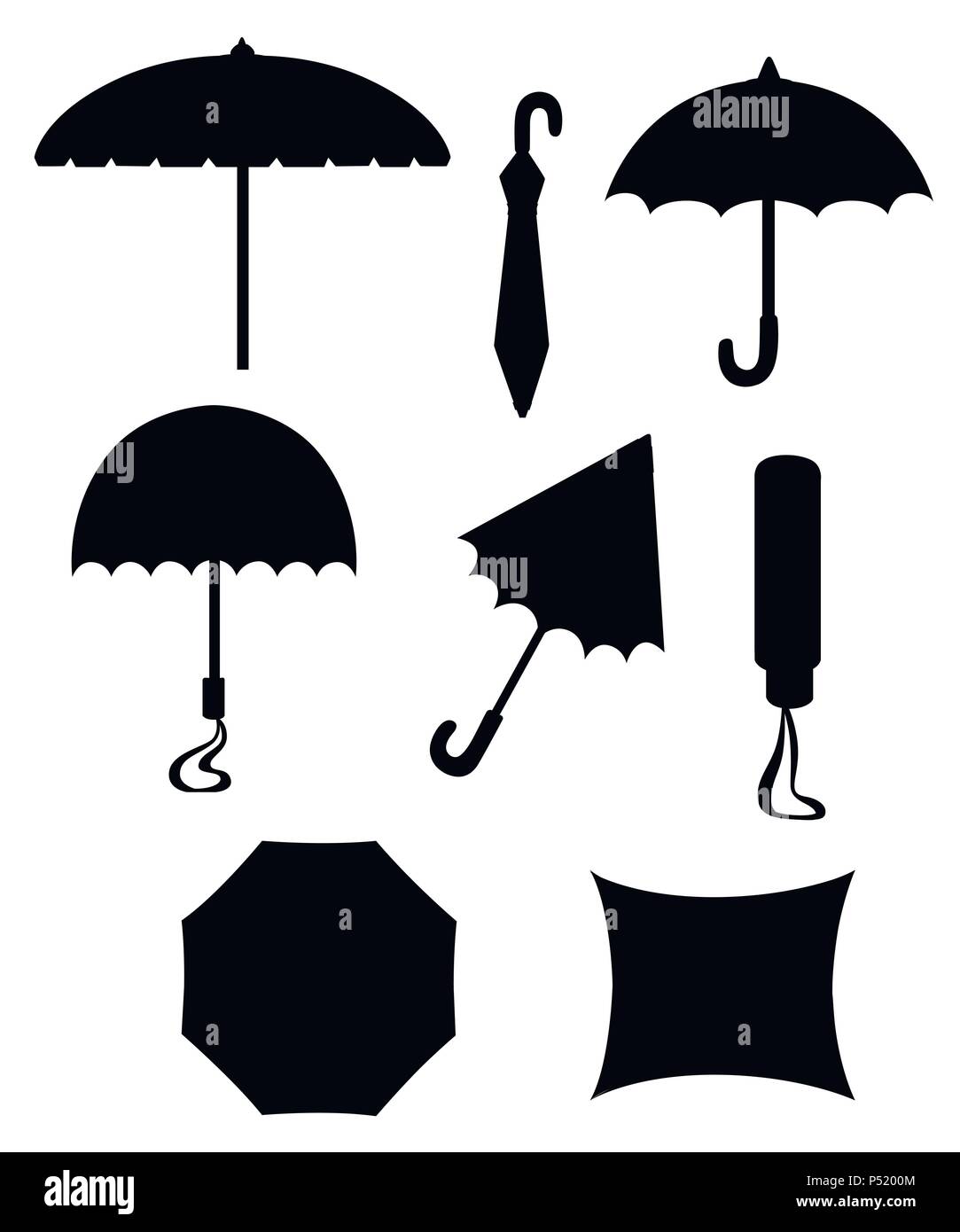 Black silhouette. Collection of umbrellas. Flat style design. Umbrellas in  various positions. Parasol opened and taken down. Vector illustration isola  Stock Vector Image & Art - Alamy