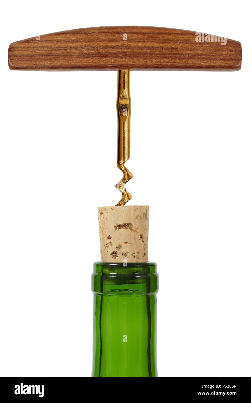 Corkscrew and bottle of wine isolated on white background Stock Photo ...