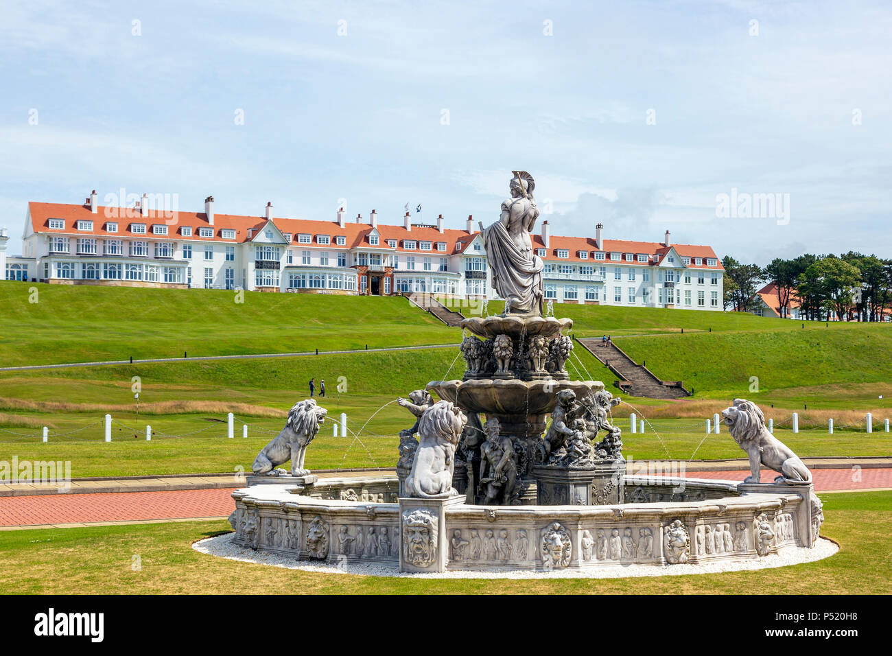 Trump Turnberry hotel with the fountain at the front of the golf Clubhouse, Turnberry, Ayrshire, Scotland Stock Photo