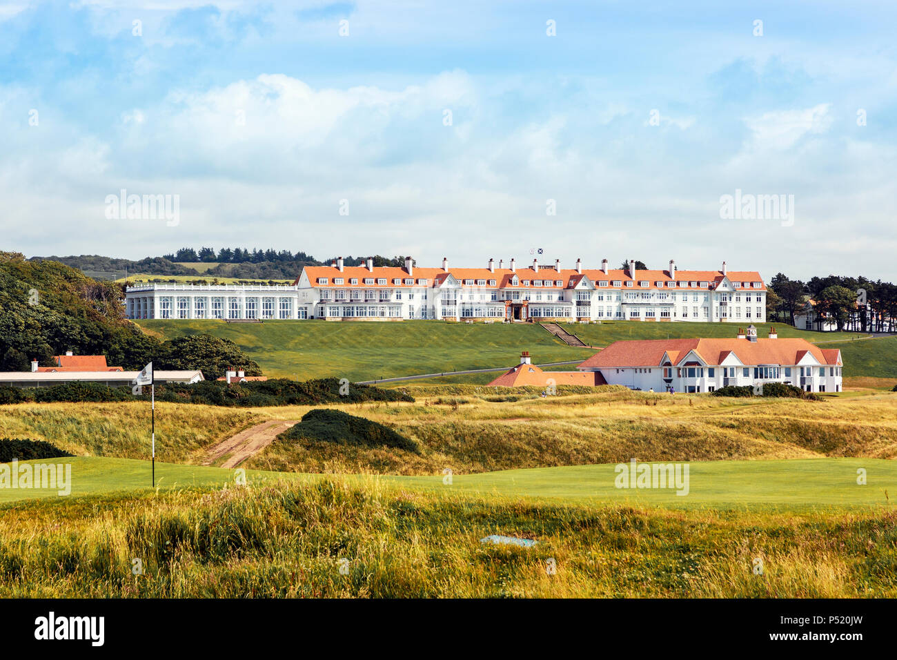 Trump Turnberry hotel and golf complex with a view to the hotel and the clubhouse viewing over the 5th green on the Ailsa course, Turnberry, Ayrshire, Stock Photo