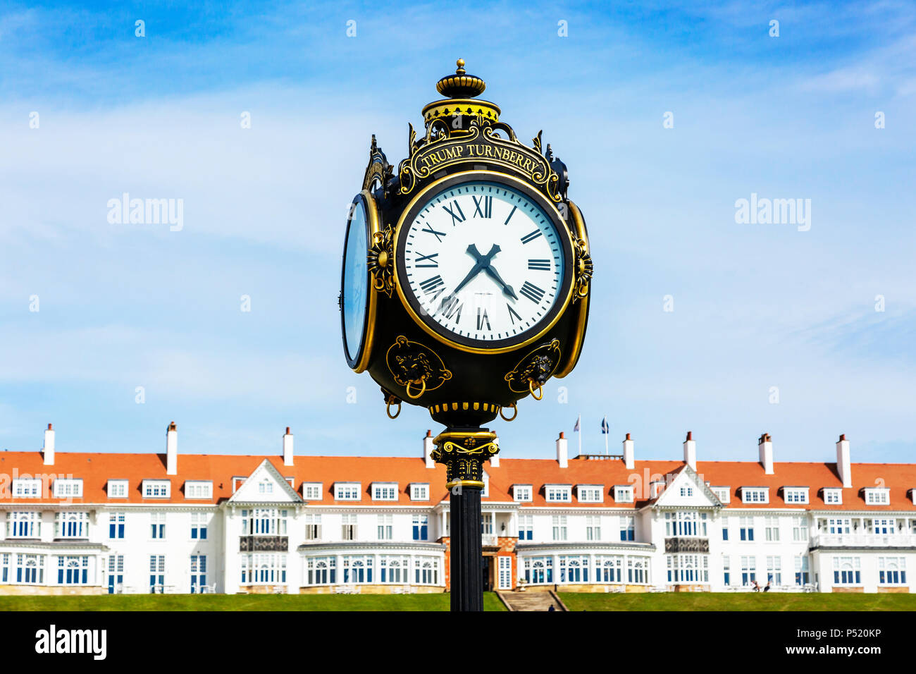Ornate clock outside the Trump Turnberry hotel and Golf complex, Turnberry, Ayrshire, Scotland Stock Photo