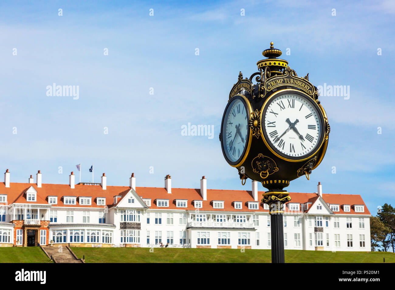 Ornate clock outside the hotela and golf complex at Trump Turnberry, Turnberry, Ayrshire, Scotland Stock Photo