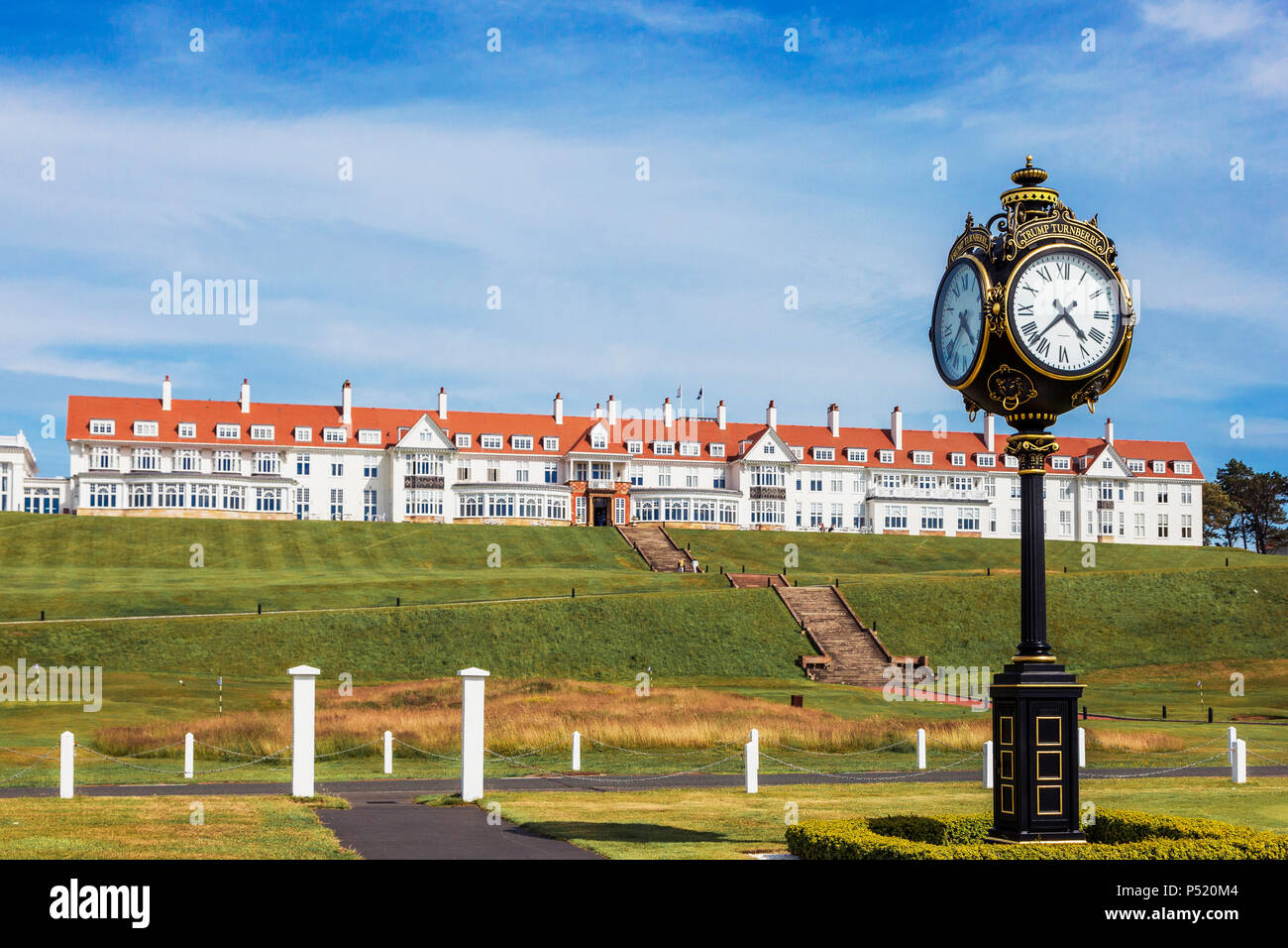 Ornate clock outside the Trump Turnberry hotel at Turnberry, Ayrshire, Scotland Stock Photo