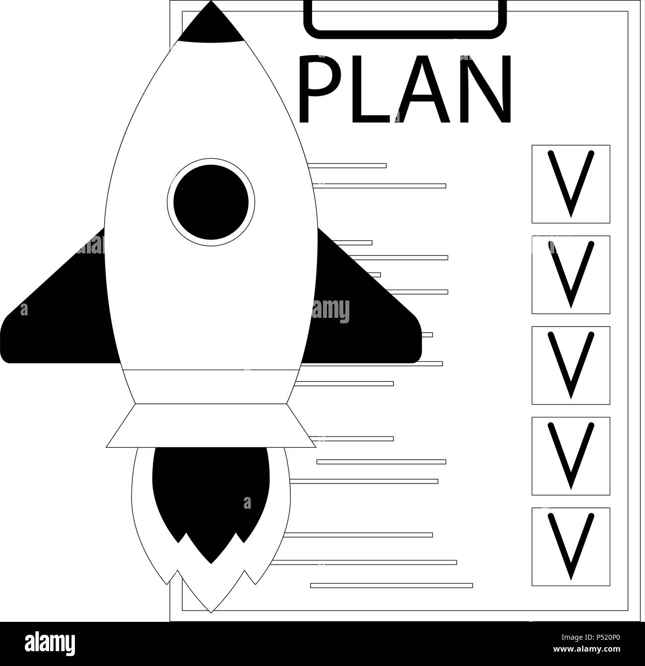 Plan start up launch. Rocket and checklist. Development idea, strategy process, vector illustration Stock Vector