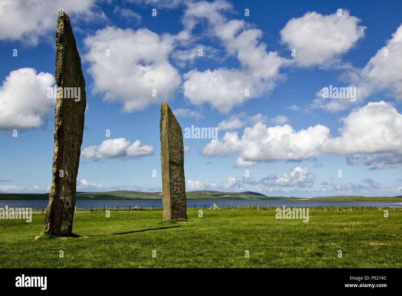 Two of the standing stones, that make the stone circle of Stones of Stenness. On the Orkney Isles. Stock Photo