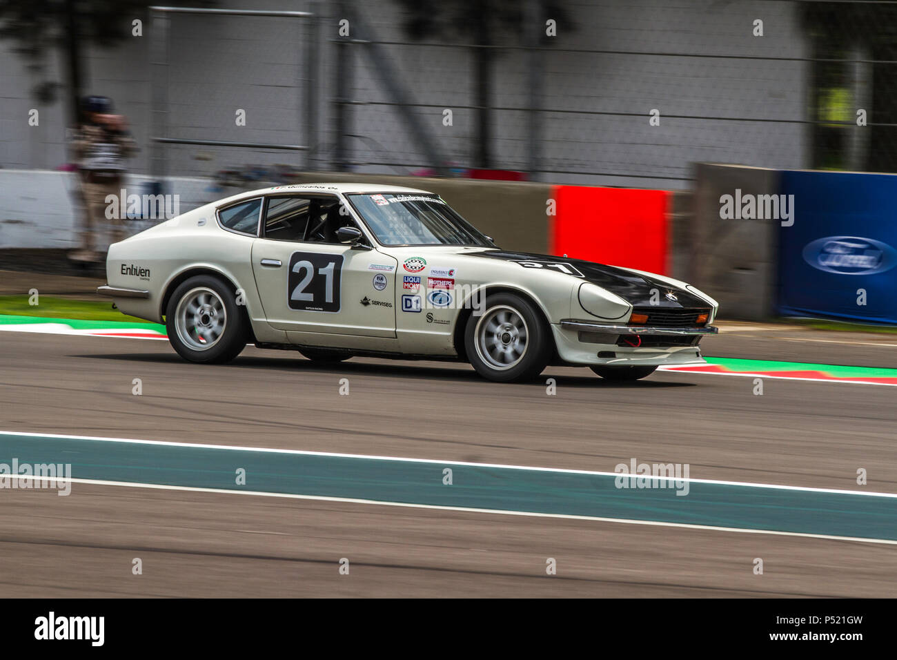 Mexico City, Mexico – September 01, 2017: Autodromo Hermanos Rodriguez. FIA World Endurance Championship WEC. 1973 Datsun 240Z No. 21 running at the free practice for the Mexico Vintage Series. Stock Photo