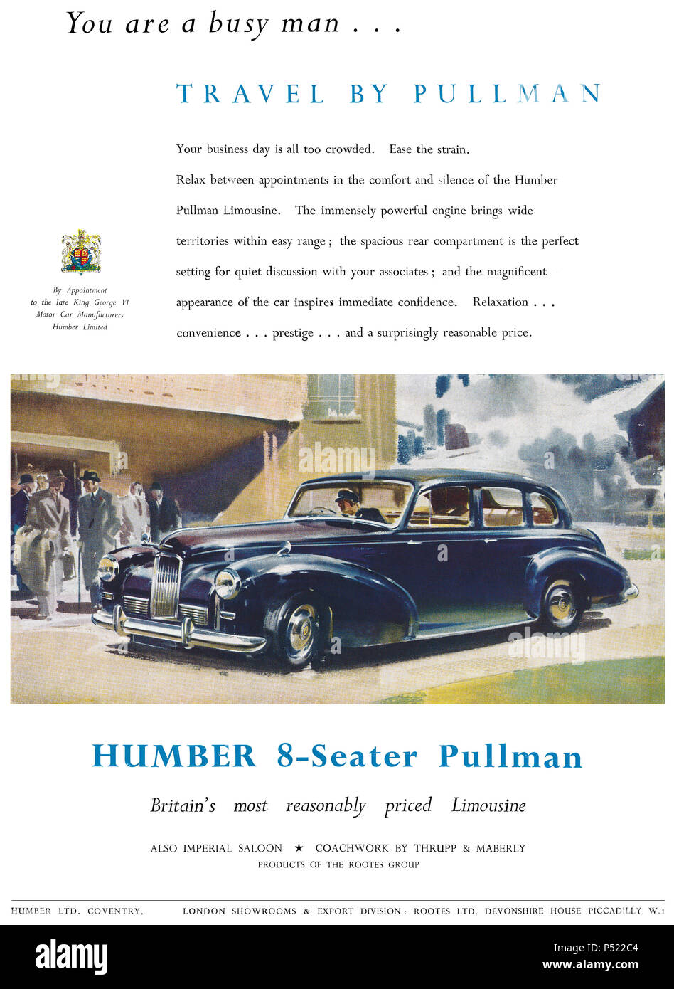 1952 British advertisement for the Humber 8-seater Pullman limousine. Stock Photo