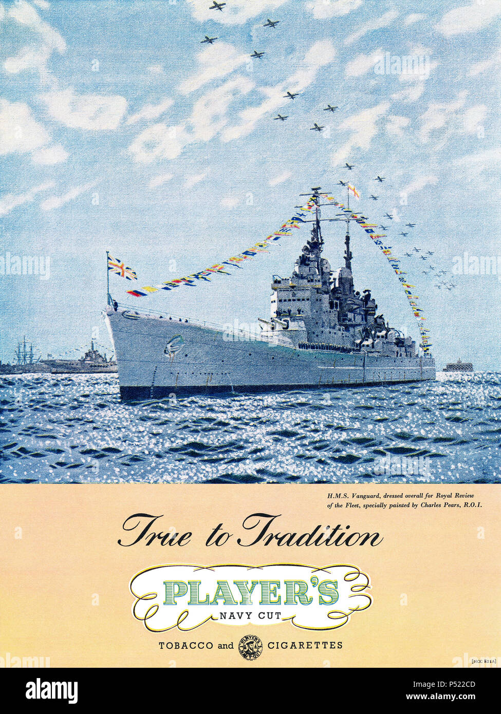 1953 British advertisement for Player's Navy Cut Cigarettes, featuring a painting of H.M.S. Vanguard by Charles Pears. Stock Photo