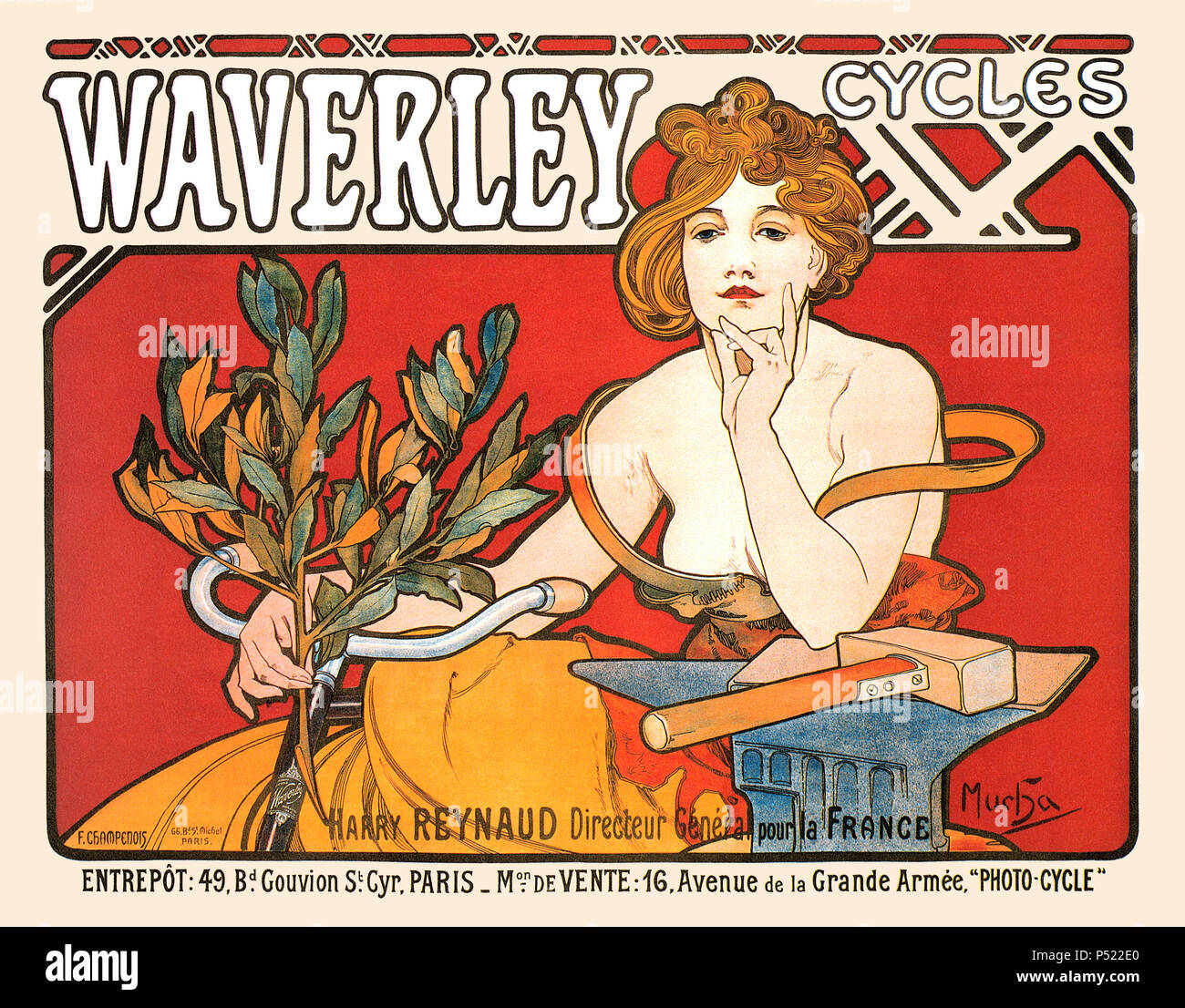 1898 advertising poster by Alphonse Mucha for Waverley Cycles of Indianapolis. Stock Photo