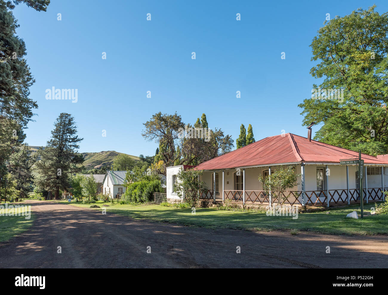 RHODES, SOUTH AFRICA MARCH 27, 2018 A street scene, with historic houses, in Rhodes in the
