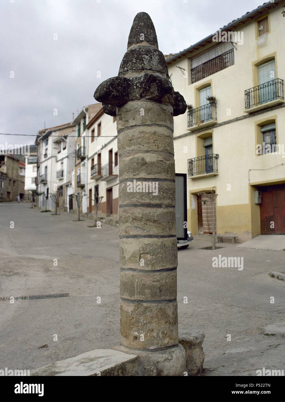 Pillory of public punishment. Middle Ages. Muro de Aguas. La Rioja. Spain. Stock Photo