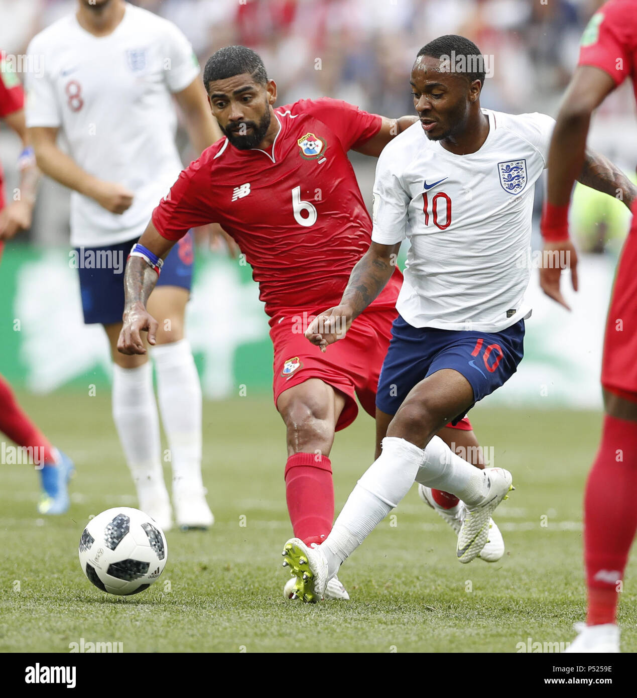 Nizhny Govgorod, Russia. 24th June, 2018. Raheem Sterling (R) of England vies with Gabriel Gomez of Panama during the 2018 FIFA World Cup Group G match between England and Panama in Nizhny Govgorod, Russia, June 24, 2018. Credit: Cao Can/Xinhua/Alamy Live News Stock Photo