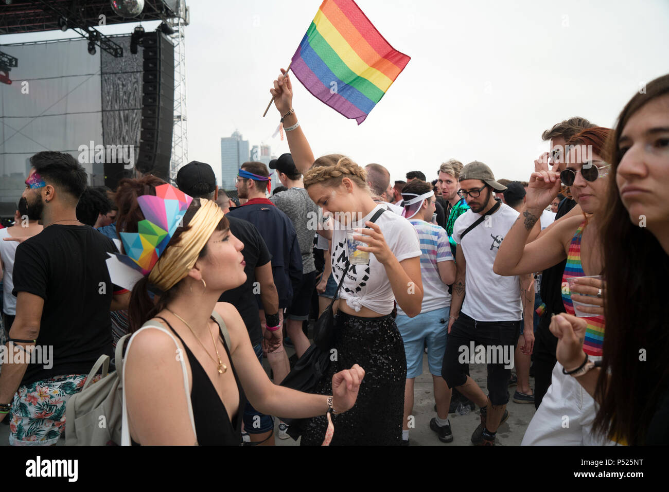 New York, USA. 23rd June, 2018. Concluding Gay Pride Week in New York City, Pride Island on Pier 97 in midtown Manhattan is showcasing a variety of musical talent plus opportunities over a two-day period for the LGBTQ community to dance, drink, eat and socialize. Some of the proceeds will go to support non-profit organizations in the New York City area. (Credit: Terese Loeb Kreuzer/Alamy Live News) Stock Photo