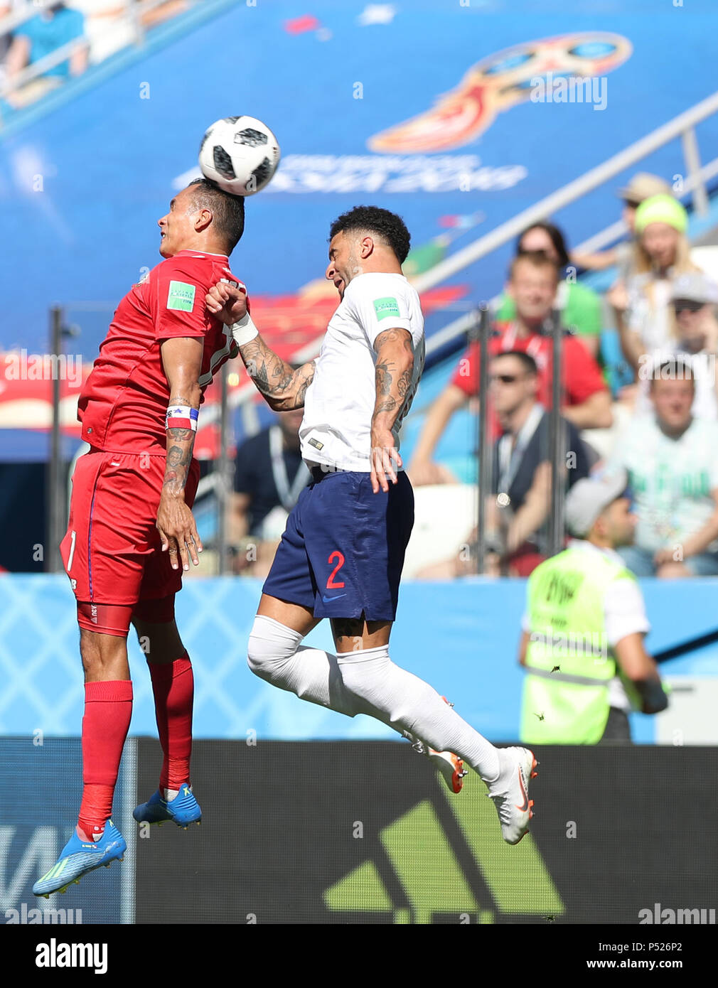 Nizhny Govgorod, Russia. 24th June, 2018. Blas Perez (L) of Panama competes for a header with Kyle Walker of England during the 2018 FIFA World Cup Group G match between England and Panama in Nizhny Govgorod, Russia, June 24, 2018. Credit: Xu Zijian/Xinhua/Alamy Live News Stock Photo