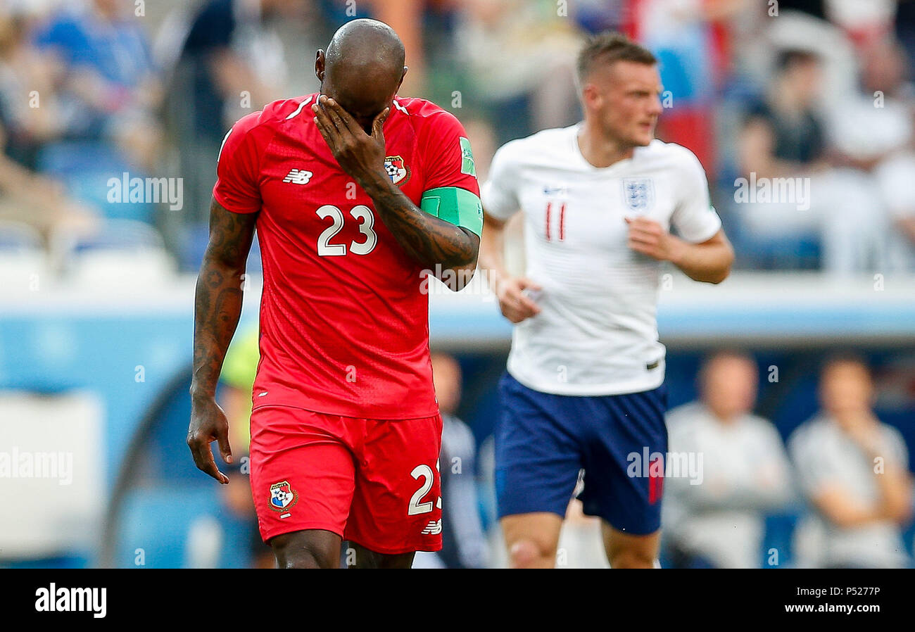 Nijni Novgorod, Russia. 24th June, 2018:ENGLAND VS. PANAMA - Felipe Baloy of Panama cries after scoring the first goal of Panama in the history of the World Cups during a match between England and Panama valid for the second round of group G of the 2018 World Cup, held at the Nizhny Novgorod stadium in the city of Nihzny Novgorod, Russia. (Photo: Marcelo Machado de Melo/Fotoarena) Credit: Foto Arena LTDA/Alamy Live News Stock Photo