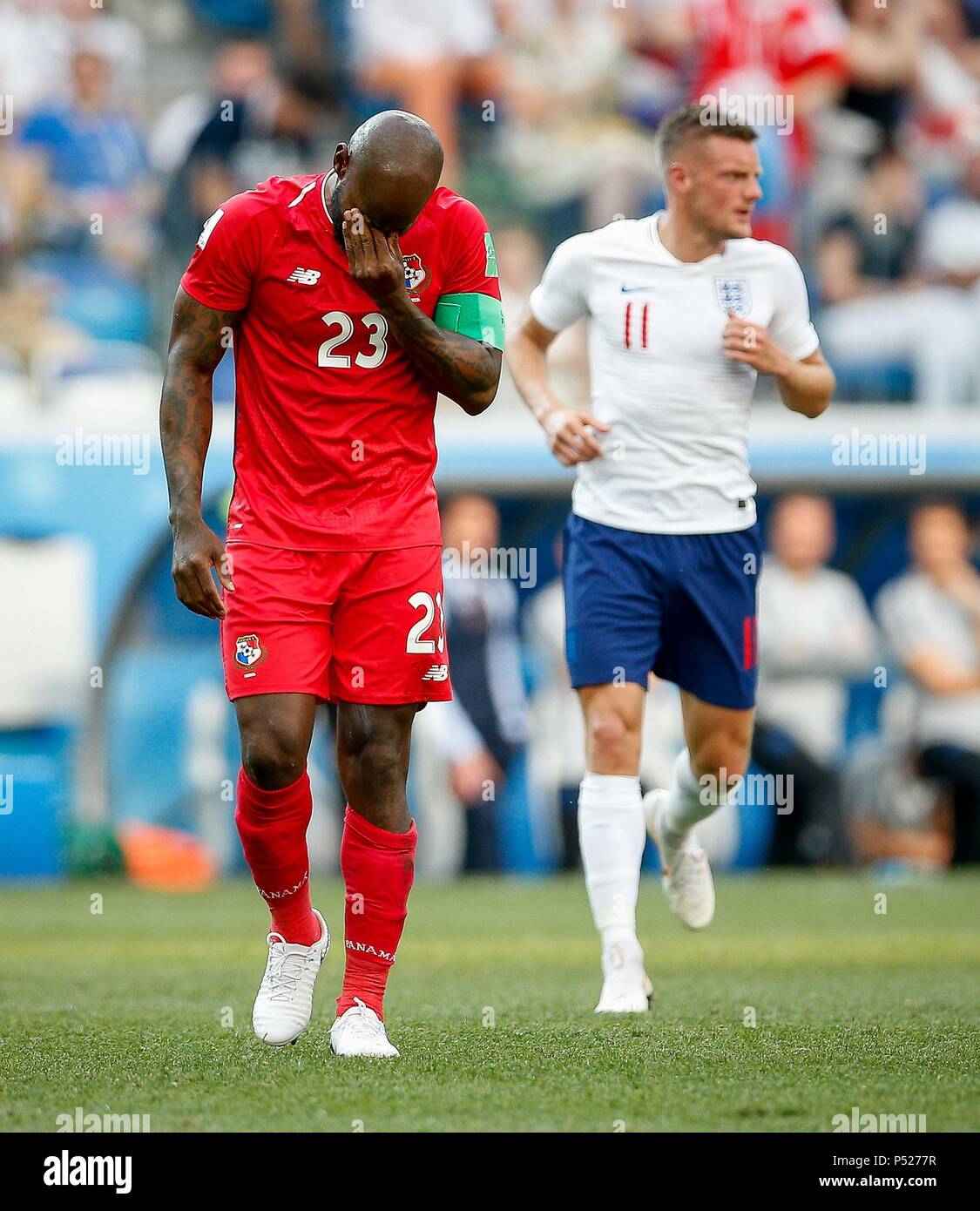 Nijni Novgorod, Russia. 24th June, 2018:ENGLAND VS. PANAMA - Felipe Baloy of Panama cries after scoring the first goal of Panama in the history of the World Cups during a match between England and Panama valid for the second round of group G of the 2018 World Cup, held at the Nizhny Novgorod stadium in the city of Nihzny Novgorod, Russia. (Photo: Marcelo Machado de Melo/Fotoarena) Credit: Foto Arena LTDA/Alamy Live News Stock Photo