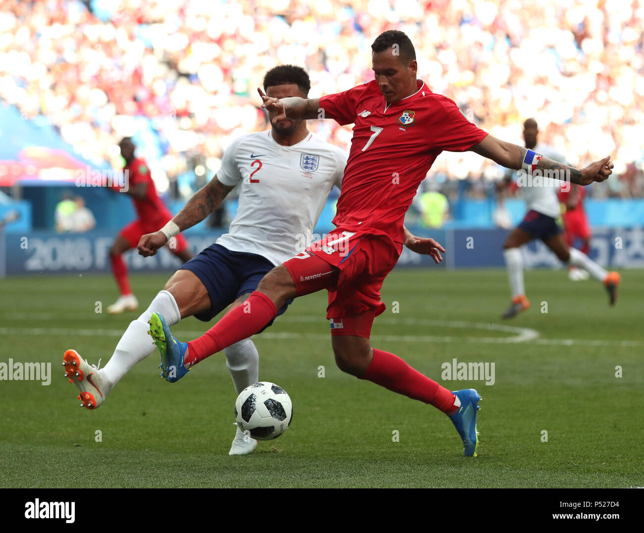 Nizhny Novgorod, Russia. 24th June, 2018. Kyle Walker (L) of England vies with Blas Perez of Panama during the 2018 FIFA World Cup Group G match between England and Panama in Nizhny Novgorod, Russia, June 24, 2018. England won 6-1. Credit: Cao Can/Xinhua/Alamy Live News Stock Photo