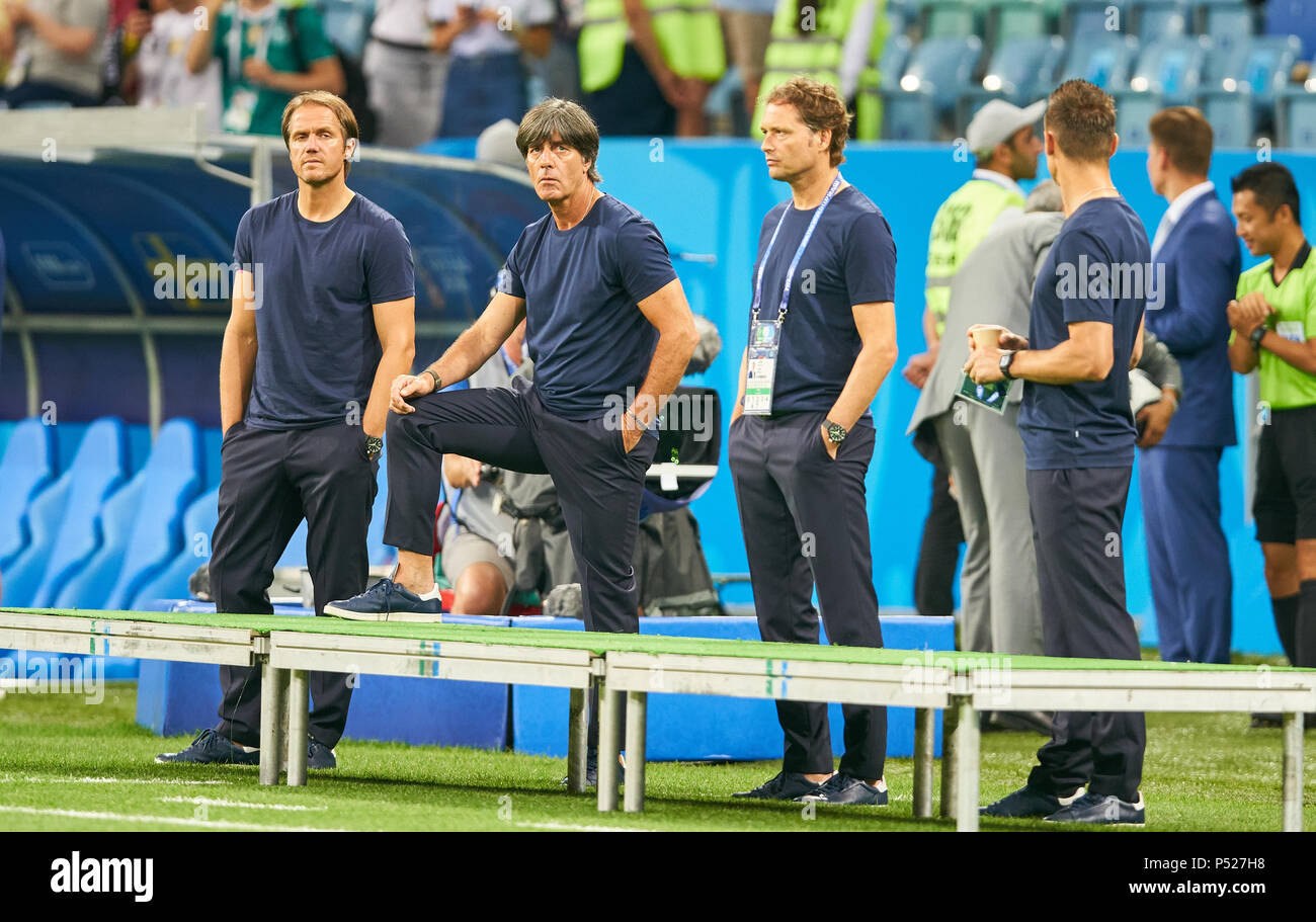 Germany - Sweden, Soccer, Sochi, June 23, 2018 Thomas SCHNEIDER, DFB, Assistent coach,  DFB headcoach Joachim Jogi LOEW, LÖW,Marcus SORG, Assistent coach DFB, Miroslav KLOSE, DFB assistent coach,   GERMANY - SWEDEN 2-1 FIFA WORLD CUP 2018 RUSSIA, Group F, Season 2018/2019,  June 23, 2018  Fisht Olympic Stadium in Sotchi, Russia.  © Peter Schatz / Alamy Live News Stock Photo