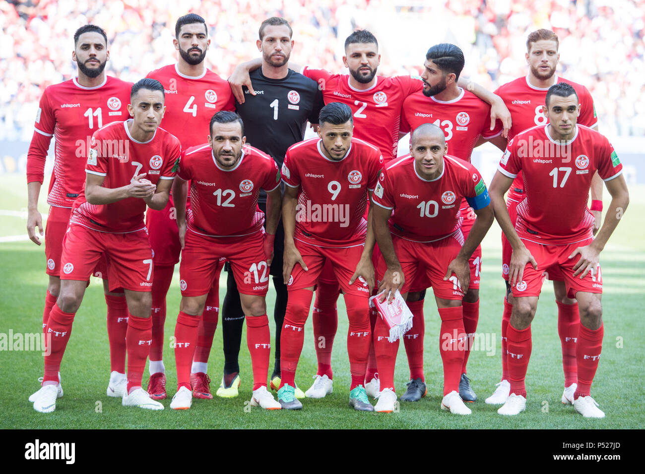 Moscow, Russia. 23rd June, 2018. The Tunisian players are available for the team photo, Dylan BRONN (DO), Yassine MERIAH (DO), goalkeeper Farouk BEN MUSTAPHA (DO), Syam BEN YOUSSEF (DO), Ferjani SASSI (DO), Rami BEDOUI (DO), uRleft to right Saifeddine KHAOUI (DO), Ali MAALOUL (DO), Anice BADRI (DO), Wahbi KHAZRI (DO), Ellyes SKHIRI (DO), Full Character, Landscape, Team Photo, Group Image, Belgium (BEL) - Tunisia (TUN) 5: 2, preliminary round, group G, game 29, on 23.06.2018 in Moscow; Football World Cup 2018 in Russia from 14.06. - 15.07.2018. | usage worldwide Credit: dpa/Alamy Live News Stock Photo