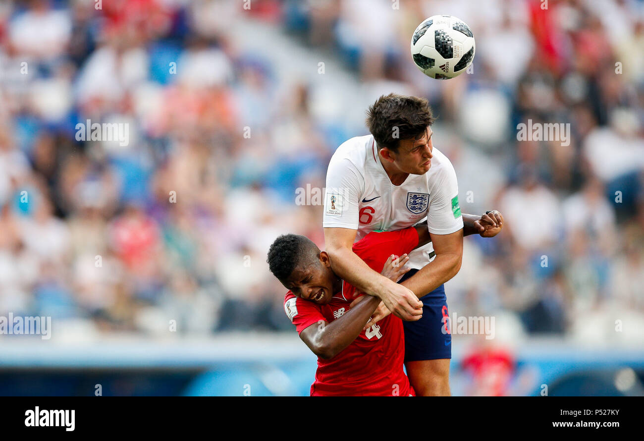 Nijni Novgorod, Russia. 24th June, 2018:ENGLAND VS. PANAMA - Fidel Escobar from Panama plays England&#39;s Harry Maguire during a match between England and Panama for the second round of Group G he 2018 World Cup, held at tat the Nizhny Novgorod stadium in Nihzny Novgorod, Russia. (Photo: Marcelo Machado de Melo/Fotoarena) Credit: Foto Arena LTDA/Alamy Live News Stock Photo