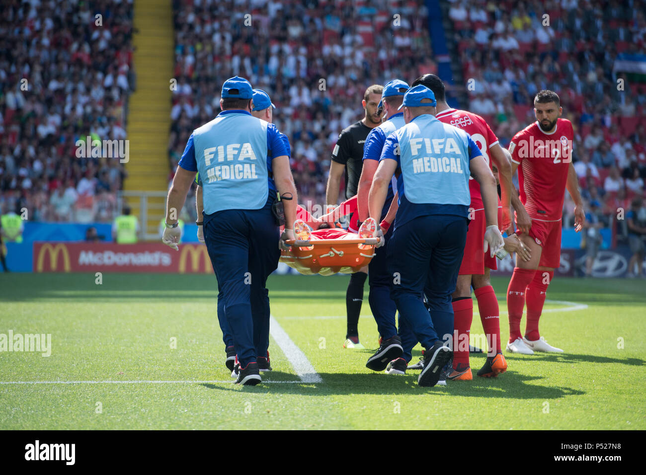 Moscow, Russia. 23rd June, 2018. Syam BEN YOUSSEF (TUN) is carried off the pitch, stretcher, paramedics, Sanitsster, injury, Belgium (BEL) - Tunisia (TUN) 5: 2, preliminary round, group G, game 29, on 23.06.2018 in Moscow; Football World Cup 2018 in Russia from 14.06. - 15.07.2018. | usage worldwide Credit: dpa/Alamy Live News Stock Photo