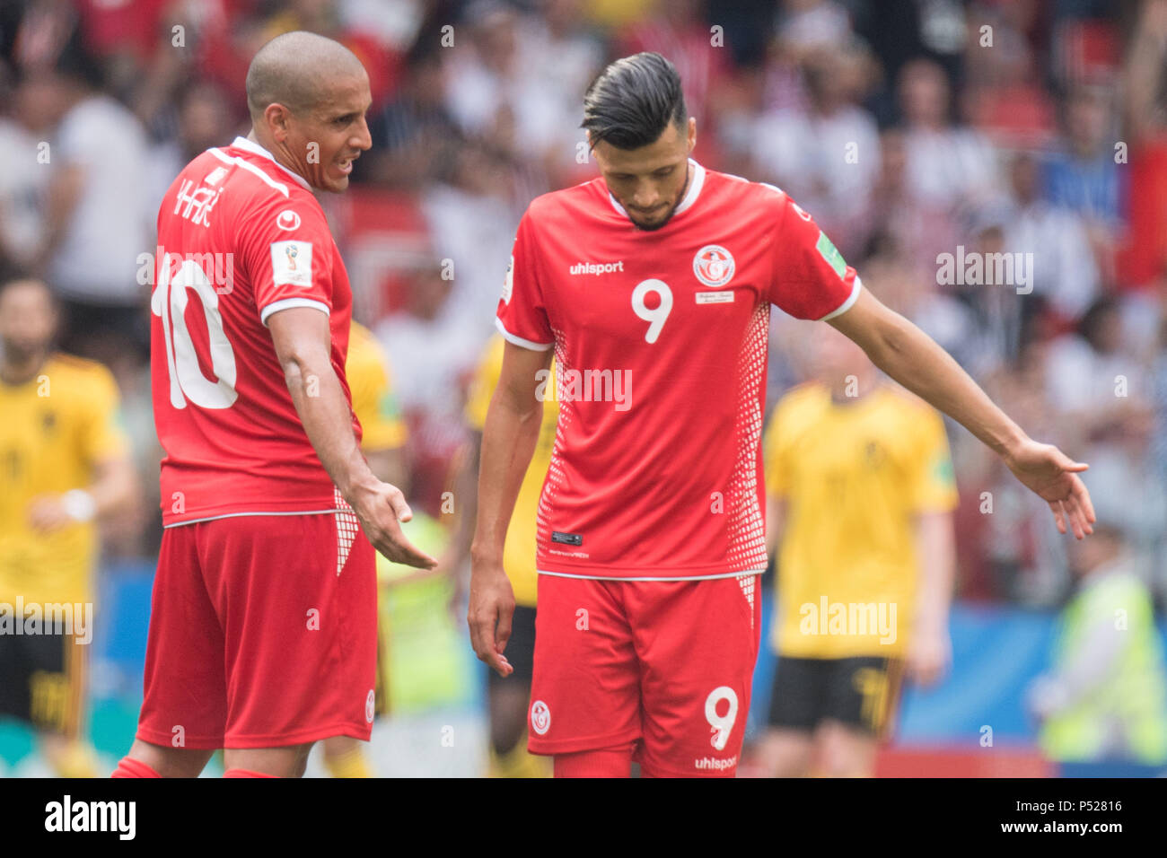 Moscow, Russia. 23rd June, 2018. Wahbi KHAZRI (left) and Anice BADRI (DO) are frustrated, frustrated, late night, disappointed, showered, decapitation, disappointment, sad, half figure, half figure, gesture, gesture, Belgium (BEL) - Tunisia (TUN) 5 : 2, Preliminary Round, Group G, Game 29, on 23.06.2018 in Moscow; Football World Cup 2018 in Russia from 14.06. - 15.07.2018. | usage worldwide Credit: dpa/Alamy Live News Stock Photo