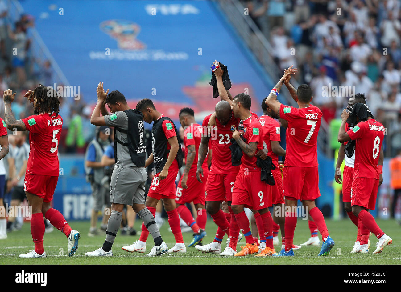 Nijni Novgorod, Russia. 24th June, 2018:ENGLAND VS. PANAMA - Panama&#39;s Felipe Baloy (23) celebrates after scoring the first goal of Panama in the history of the Cups during a match between England and Panama valid for the second round of group G of the 2018 World Cup, held at the Nizhny Novgorod stadium in the city of Nihzny Novgorod, Russia. (Photo: Rodolfo Buhrer/La Imagem/Fotoarena) Credit: Foto Arena LTDA/Alamy Live News Stock Photo