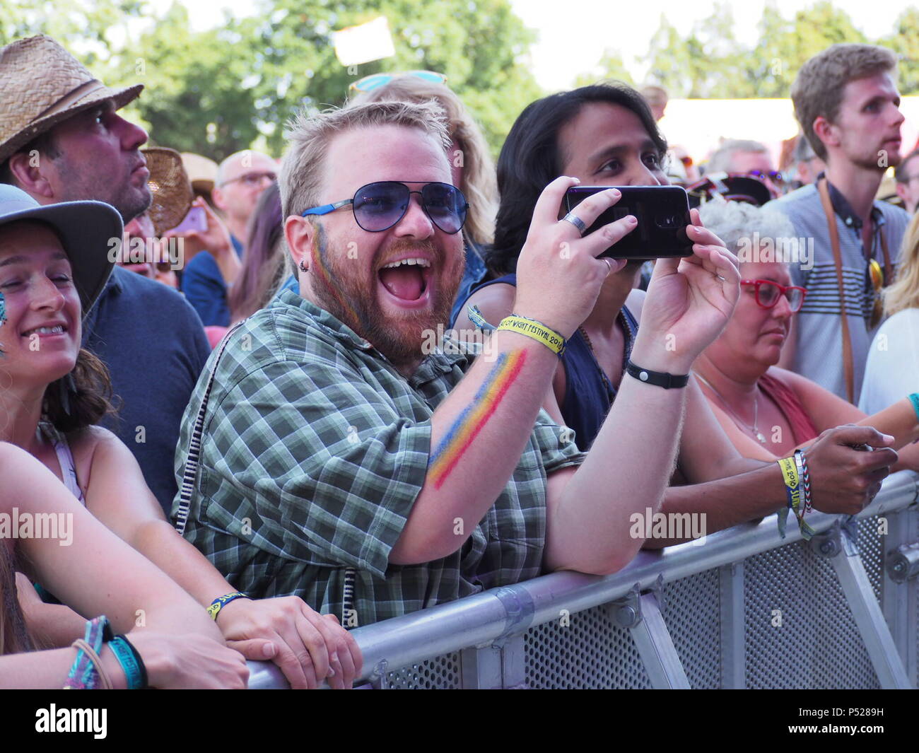 Exstable Fan Newport, Isle of Wight. 24 Jun 2018. Excitable fan listens to Sheryl ...