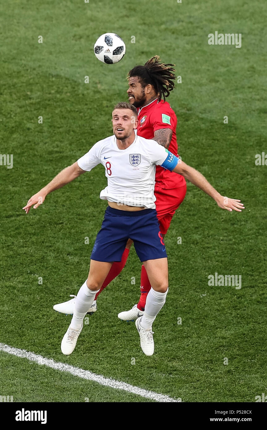Nizhny Novgorod, Russia. 24th June, 2018. Jordan Henderson of England and Roman Torres of Panama during the 2018 FIFA World Cup Group G match between England and Panama at Nizhny Novgorod Stadium on June 24th 2018 in Nizhny Novgorod, Russia. (Photo by Daniel Chesterton/phcimages.com) Credit: PHC Images/Alamy Live News Stock Photo