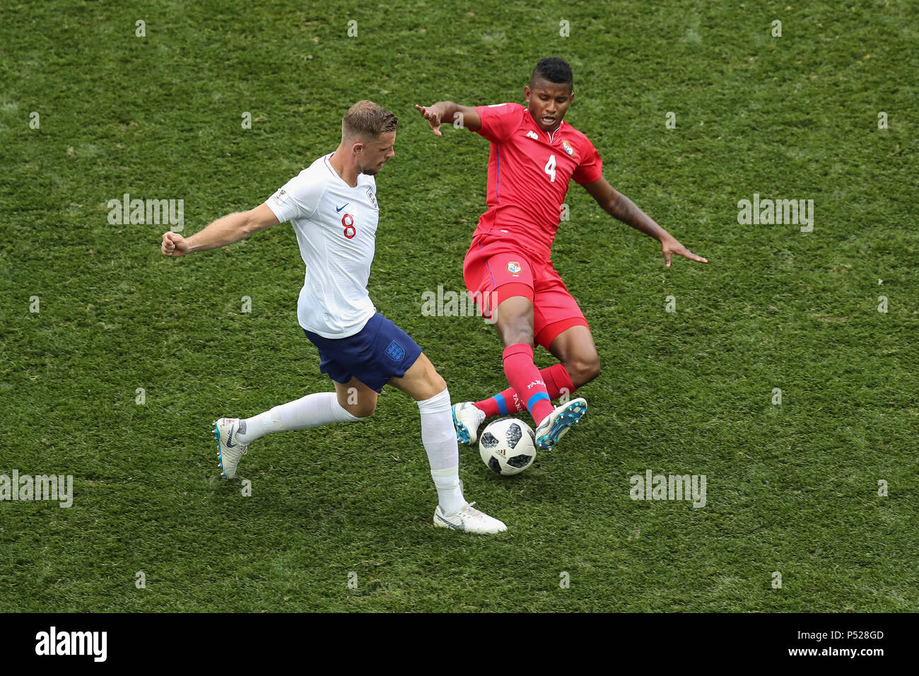 Nizhny Novgorod, Russia. 24th June, 2018. Jordan Henderson of England and Fidel Escobar of Panama during the 2018 FIFA World Cup Group G match between England and Panama at Nizhny Novgorod Stadium on June 24th 2018 in Nizhny Novgorod, Russia. (Photo by Daniel Chesterton/phcimages.com) Credit: PHC Images/Alamy Live News Stock Photo