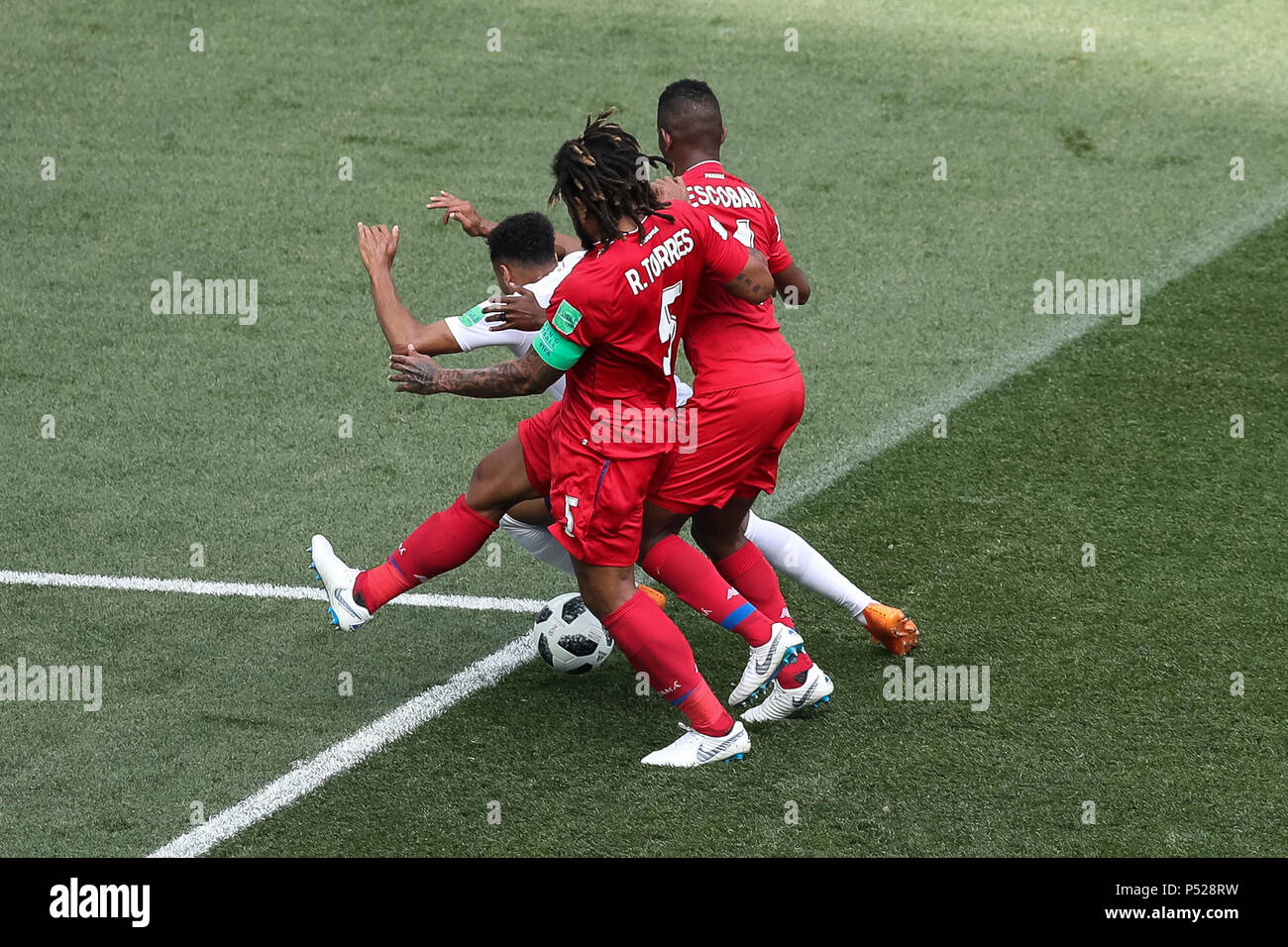 Nizhny Novgorod, Russia. 24th June, 2018. Jesse Lingard of England is fouled by Roman Torres of Panama and Fidel Escobar of Panama for England's first penalty during the 2018 FIFA World Cup Group G match between England and Panama at Nizhny Novgorod Stadium on June 24th 2018 in Nizhny Novgorod, Russia. (Photo by Daniel Chesterton/phcimages.com) Credit: PHC Images/Alamy Live News Stock Photo