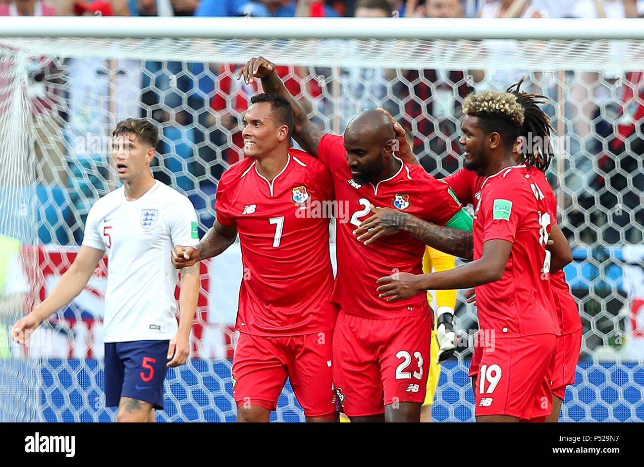 Nijni Novgorod, Russia. 24th June, 2018:ENGLAND VS. PANAMA - Felipe Baloy of Panama celebrates after scoring the first goal of Panama in the history of the World Cups during a match between England and Panama valid for the second round of group G of the 2018 World Cup, held at the Nizhny Novgorod stadium in the city of Nihzny Novgorod, Russia. (Photo: Rodolfo Buhrer/La Imagem/Fotoarena) Credit: Foto Arena LTDA/Alamy Live News Stock Photo